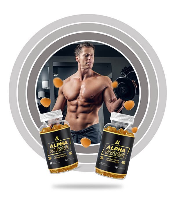Alpha Surge two bottles with man with muscular build
